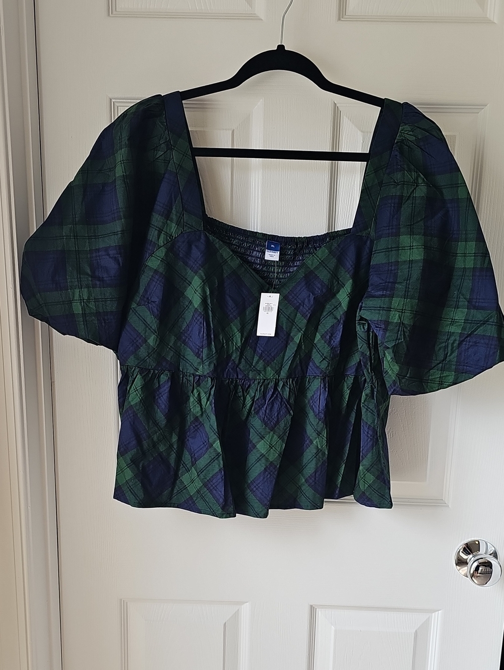 Old Navy Green and Navy Plaid Peplum Blouse